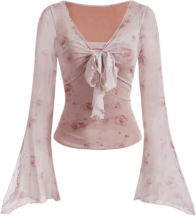 Verdusa Women's Y2K Cute Bell Sleeve Tops Floral Print Mesh Summer Long Sleeve Going Out Tops 200... | Amazon (US)