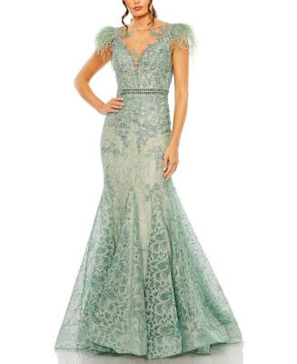 Mac Duggal Embellished Feather Cap Sleeve Illusion Neck Trumpet Gown  | Bloomingdale's Women | Bloomingdale's (AU)