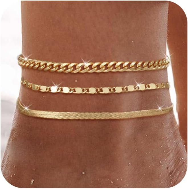 2/3 PCS Gold Anklets for Women Waterproof Cuban Link Anklet Beaded Bracelets Stackable Bracelets ... | Amazon (US)