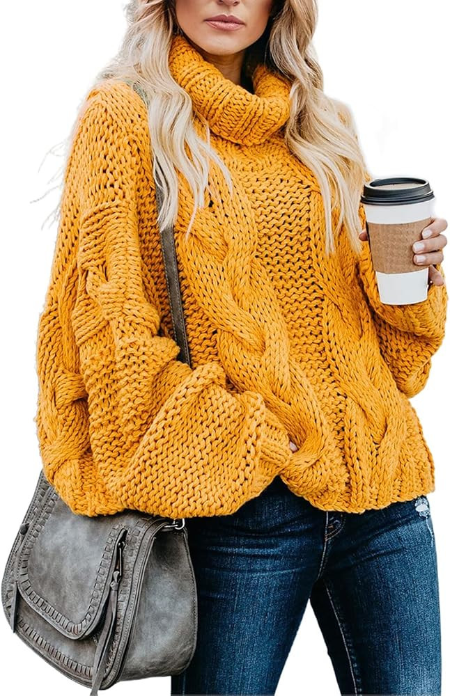 Dokotoo Womens 2022 Winter Fall Solid Turtleneck High Neck Balloon Long Sleeve Sweaters Pullover Out | Amazon (US)