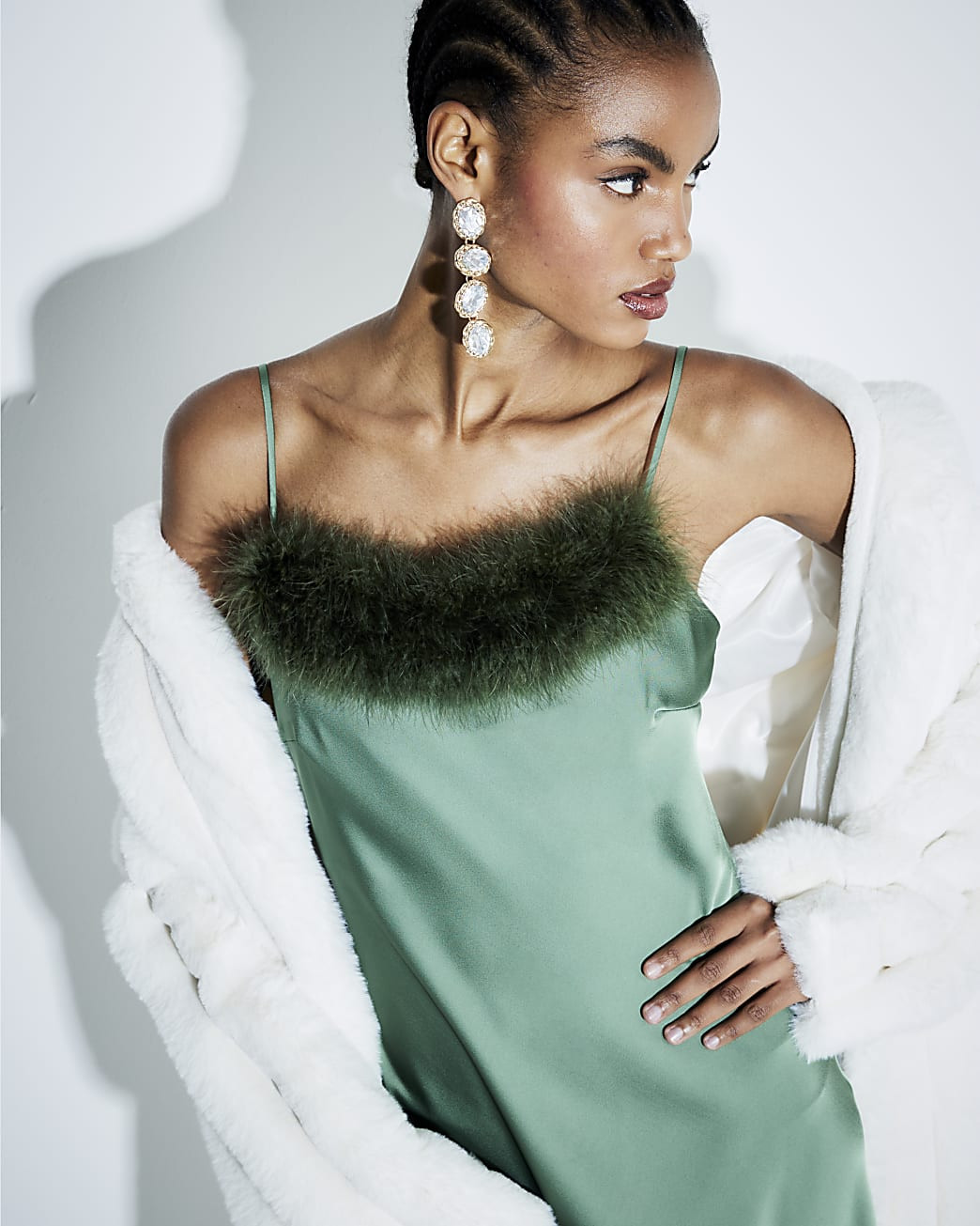 Green  Feather Trimmed Slip Dress | River Island UK & IE
