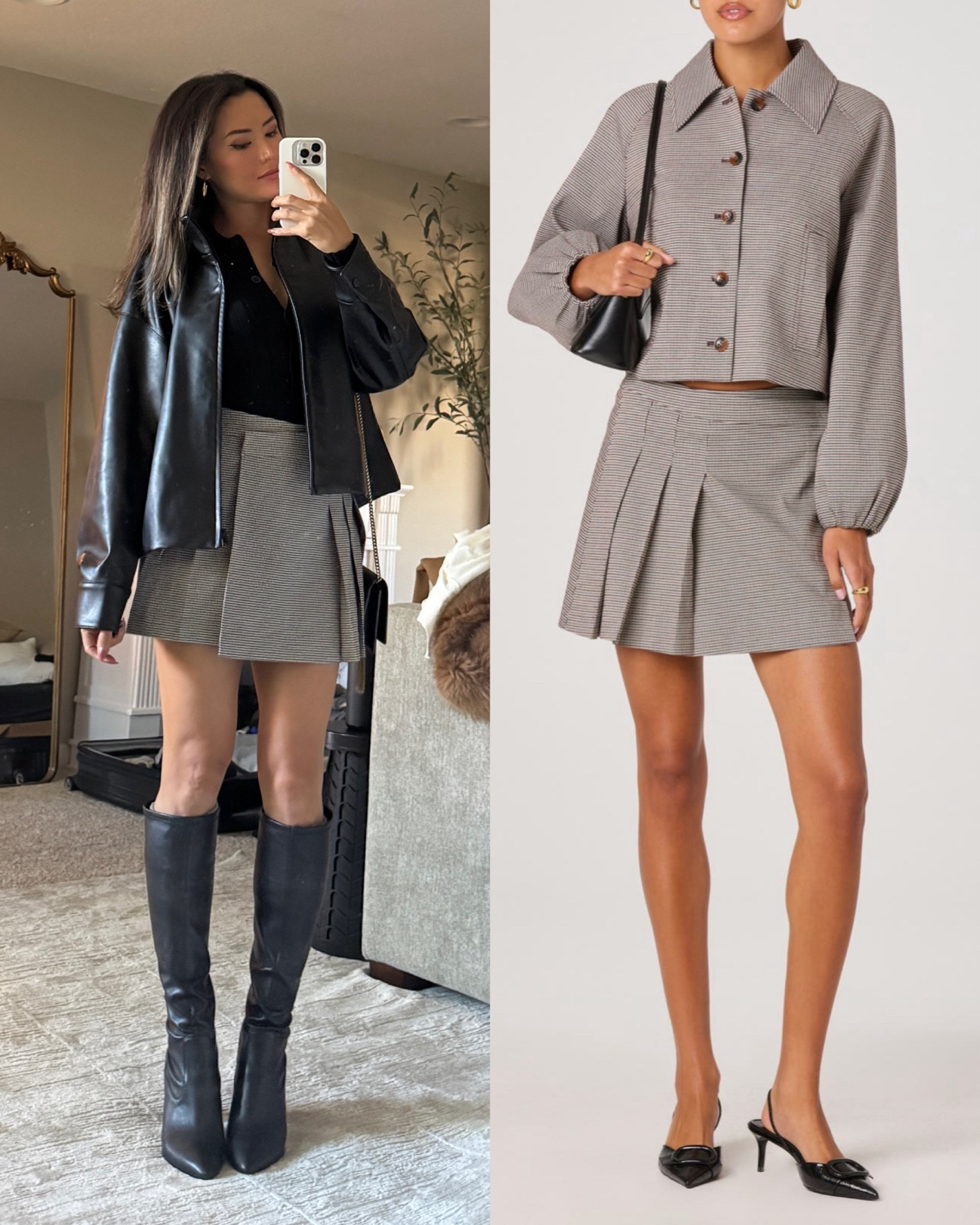 2 ways to style a pleated mini skirt! I’m wearing XS! Small in the faux leather jacket and narrow calf boots are true to size 

#LTKFindsUnder100 #LTKStyleTip #LTKSeasonal