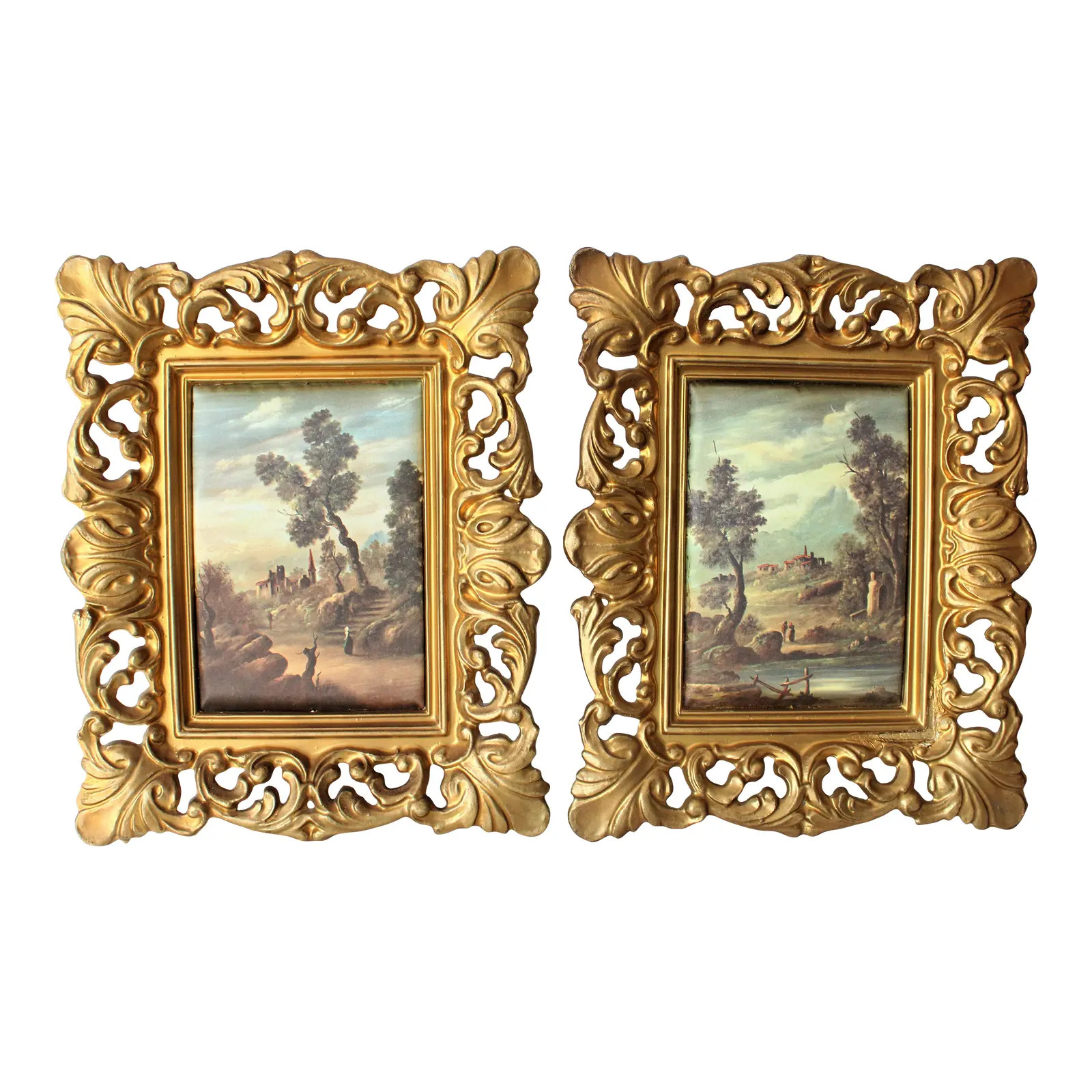 "Made in Italy" Framed Gilded Italian Prints on Silk/Pair | Chairish