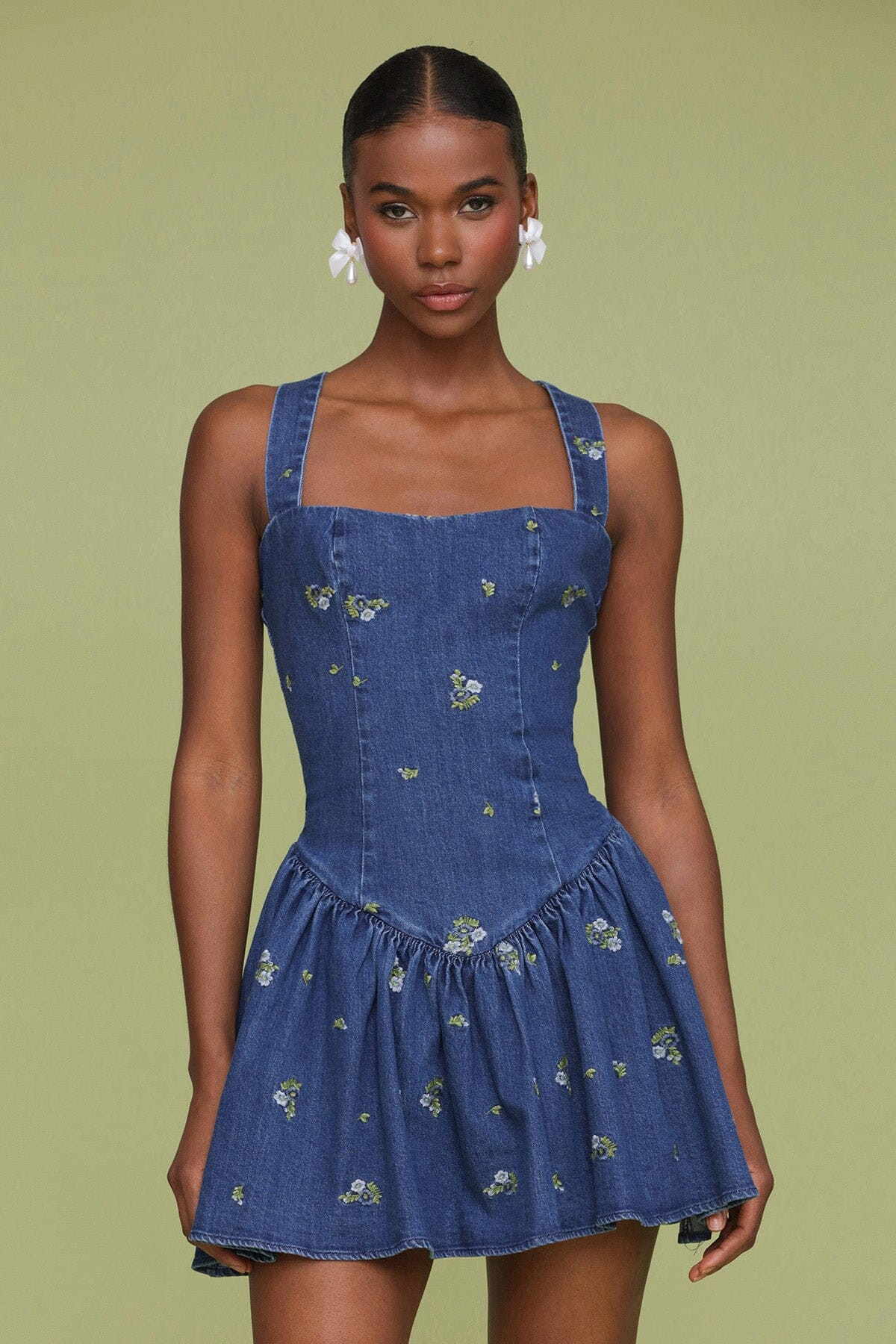 Embroidered Denim Flounce Mini Dress | Avec Les Filles