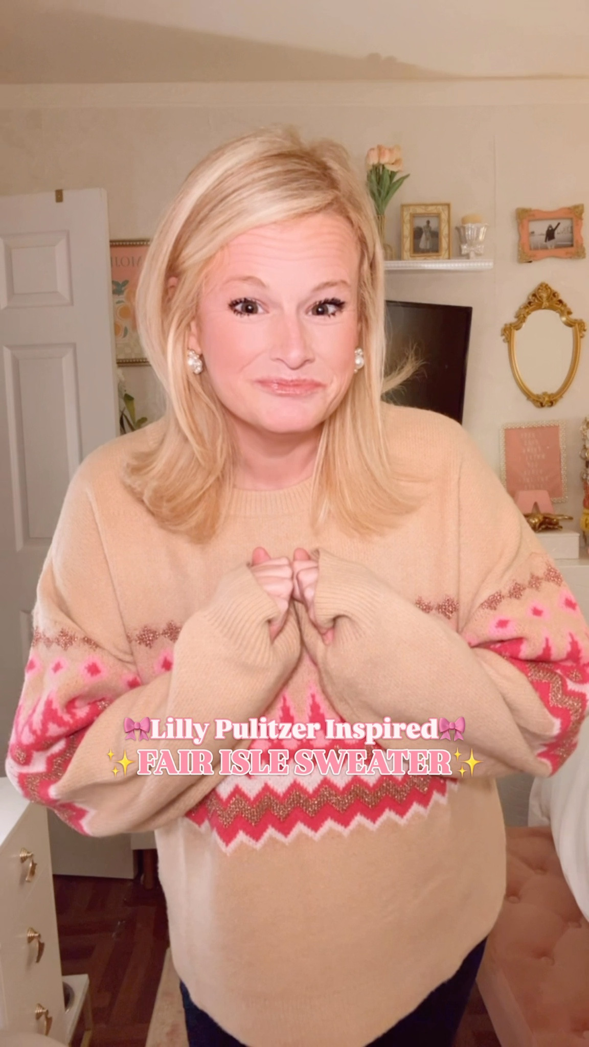 ✨ Lilly Pulitzer-Inspired Fair Isle Sweater ✨
Preppy winter style, cozy texture, & the sweetest holiday pinks — without the designer price tag.

If you love Lilly Pulitzer’s cheerful colors and polished, feminine style, this Fair Isle sweater is going to light you up 🎀💖 The pink patterning feels very Palm Beach meets holiday ski lodge — bright, happy, preppy, and SO flattering.

And best part? She’s NOT polyester 🙌
A luxe-feeling knit with softness + structure that looks boutique-special for a Walmart price. I sized up to a Large for a cozy, relaxed fit.

Why she’s a hidden gem:
🎀 Lilly Pulitzer-inspired Fair Isle pattern
💖 Chic pinks + playful prep energy
✨ Midweight knit (no itchy acrylic feel)
❄️ Cozy + festive without being kitschy
💗 Comes in 4 colorways
📦 True holiday wardrobe hero under $30

This one gives Palm Beach holiday meets après-ski chic — think hot cocoa, garland trimming, girls’ nights, and family photos that feel polished + joyful. A true “wear it all season” piece.

⸻
Fair Isle Sweater | Lilly Pulitzer Inspired Sweater | Preppy Winter Style | Holiday Sweaters | Walmart Holiday Finds | Winter Outfit Ideas | Sweaters Under $50 | Girly Winter Style | Pink Sweater | Cozy Winter Looks | Classic Preppy Style | Feminine Holiday Fashion | Ski Lodge Style | Fair Isle Knit

⸻
#WalmartFinds #FairIsleSweater #PreppyStyle #LillyPulitzer #HolidaySweater #ChristmasSweater #FeminineStyle 

#LTKSeasonal #LTKHoliday #LTKFindsUnder50