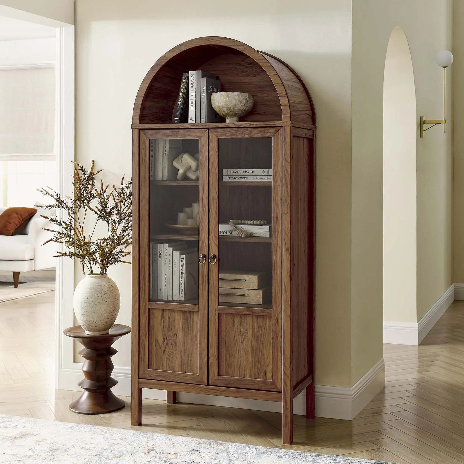 Modway Tessa Wood Tall Storage Display Cabinet with Rounded Arched Top in Walnut - Walmart.com | Walmart (US)