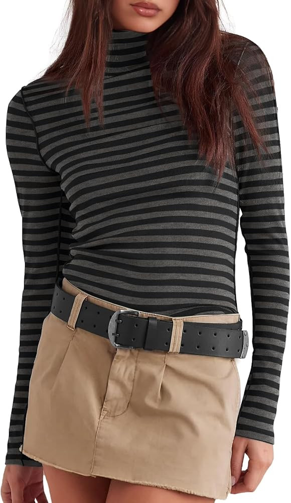 Darong Womens Striped Turtleneck Shirt Long Sleeve Undershirts Ribbed Slim Fit Top Fitted Basic T... | Amazon (US)