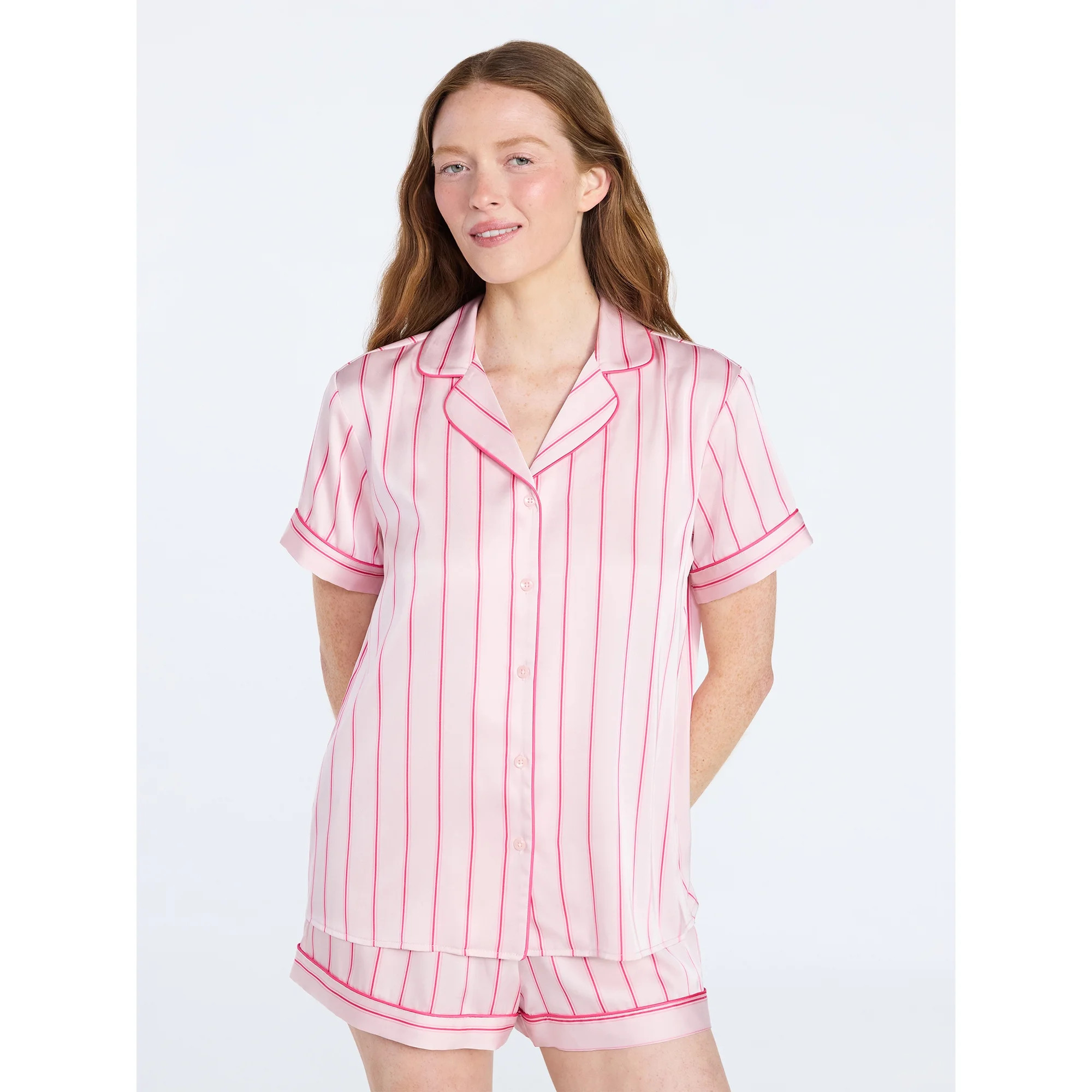 Joyspun Women’s Stretch Satin Short Sleeve Top and Shorts Pajama Set, Sizes XS-3X | Walmart (US)