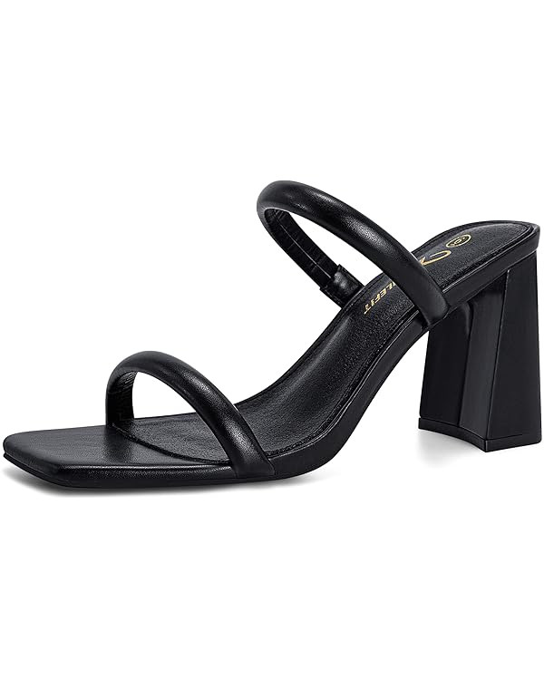Athlefit Women's Square Open Toe Two Strap Heeled Sandals Slip On Block Chunky Heels Sandals | Amazon (US)