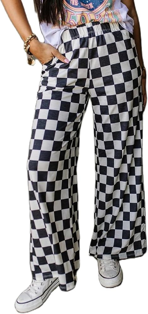 UAURORAO Women Checkered Sweatpants Wide Leg Y2k Plaid Pants Elastic High Waist Checkerboard Casu... | Amazon (US)
