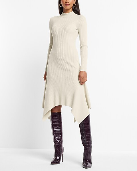 Mock Neck Ribbed Asymmetrical Hem Sweater Midi Dress | Express