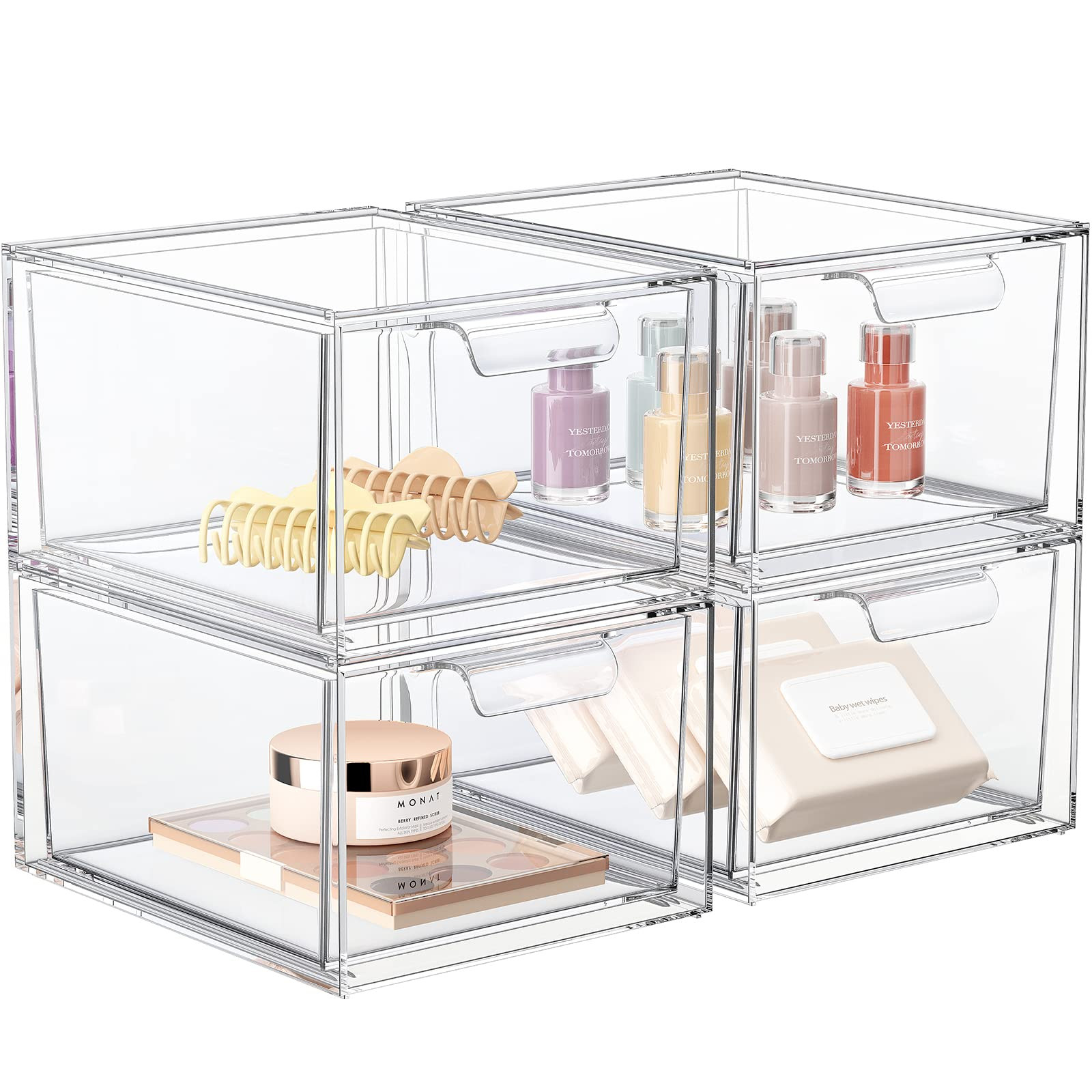 4 Pack Stackable Makeup Organizer and Storage, Acrylic Organizers，Clear Plastic Storage Drawer ... | Amazon (US)