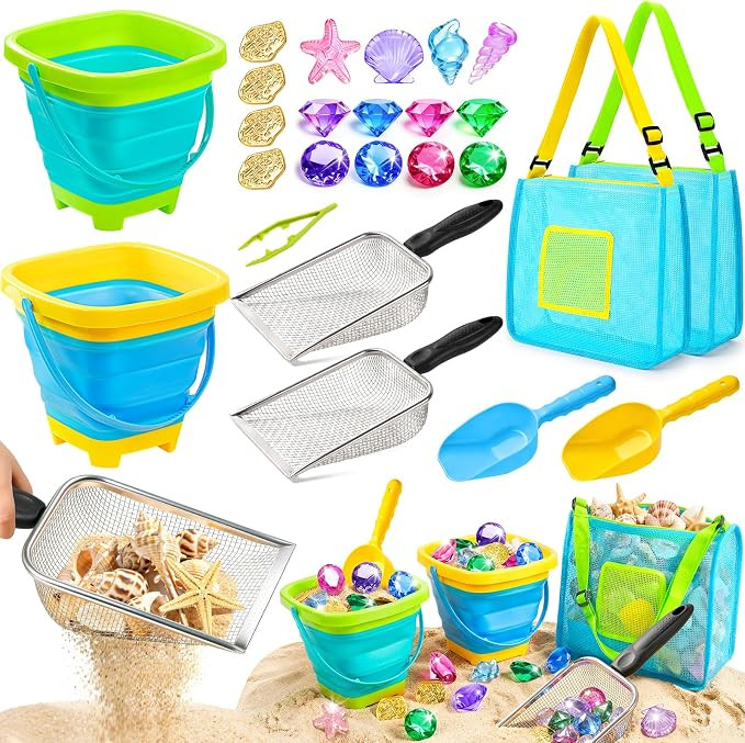 Beach Toys for Kids, 24 Pcs Metal Sand Sifter & Collapsible Beach Buckets Set, Stainless Steel Sa... | Amazon (US)