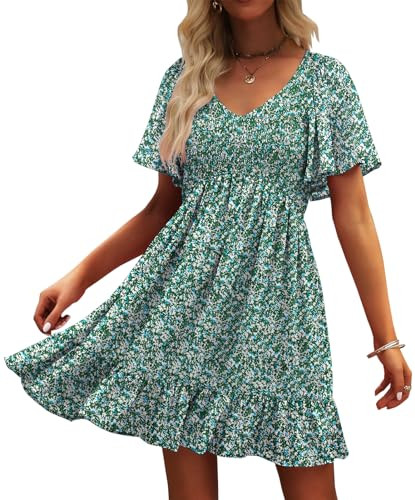 Womens Cute Floral Smocked V Neck Flutter Sleeve Sundress with Pockets Casual Spring Summer Dress... | Amazon (US)