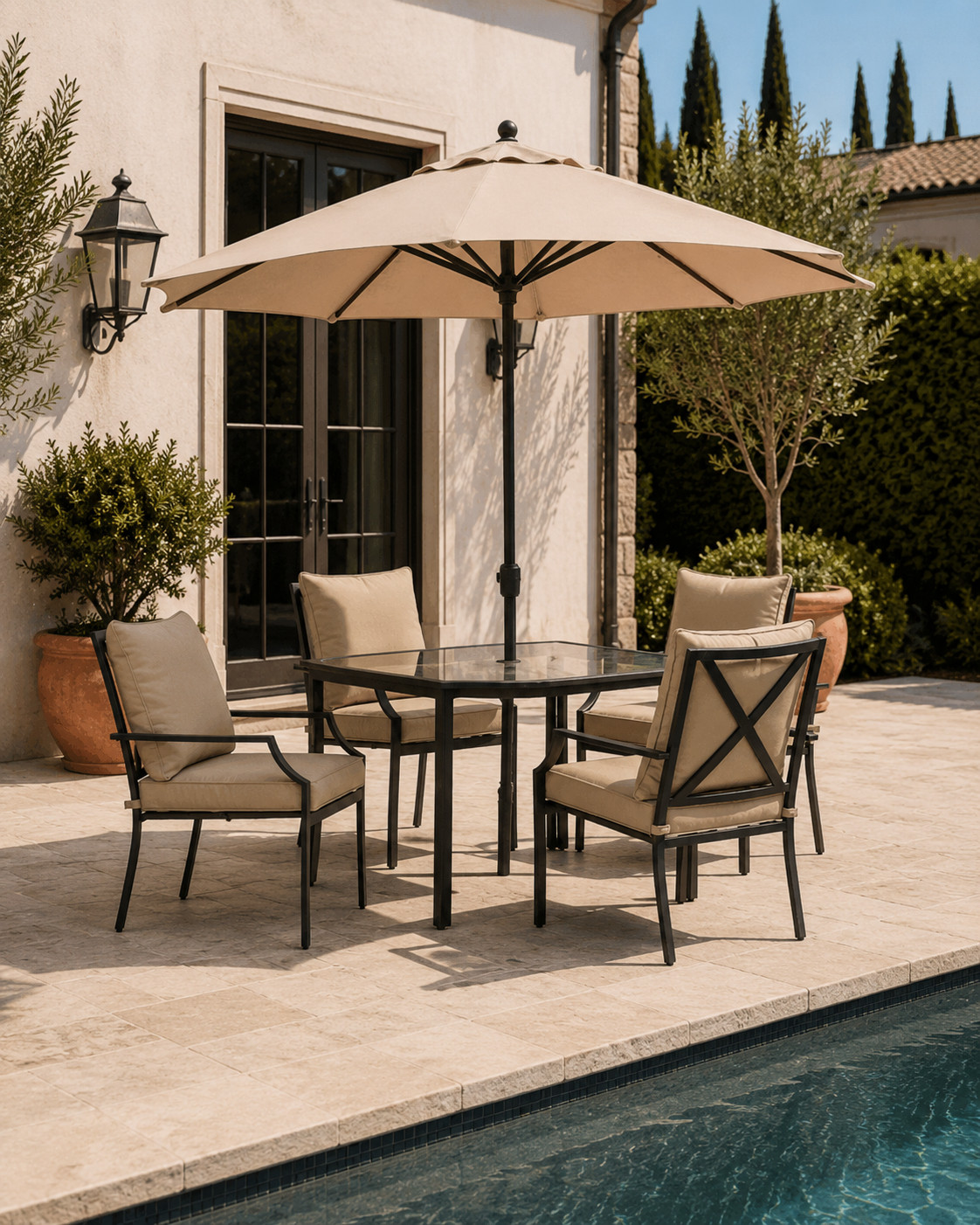 Poolside dining done right. Black metal dining set with tan cushions and a market umbrella. Classic, clean, and built for summer.
ltk home, ltk finds under 100, ltk family, outdoor dining, patio dining set, poolside decor, outdoor furniture, patio furniture, black metal furniture, market umbrella, outdoor living, backyard dining, summer entertaining, patio decor, backyard goals, outdoor space, mediterranean style, classic outdoor, wayfair, amazon, home depot, target, pottery barn, crate and barrel, world market  

 #LTKHome
