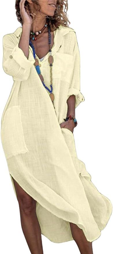 utcoco Womens Casual Loose Cotton Linen Long Shirt Dress Lapel Button Cuffed Sleeve Side Split Dr... | Amazon (US)