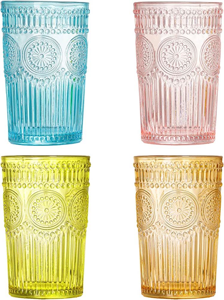 Vintage Glassware Romantic Drinking Glasses - 12 OZ Colored Glassware Embossed Glasses Drinking S... | Amazon (US)