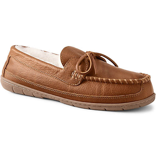 Men's Leather Fuzzy Shearling Moccasin Slippers | Lands' End (US)