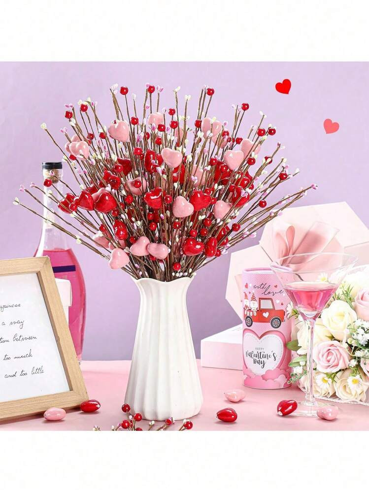 6Pcs Valentine'S Day Artificial Heart Shaped Berry Picks Red Berry Stems For Valentine'S Day Mother'S Day Faux Berries Fake Flower Branch For Wedding Home Decoration | SHEIN