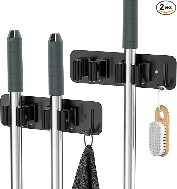 Wall Mount Mop and Broom Holder, Heavy Duty Stainless Steel Organizer Rack with Hooks | 2-Pack, 2... | Amazon (US)