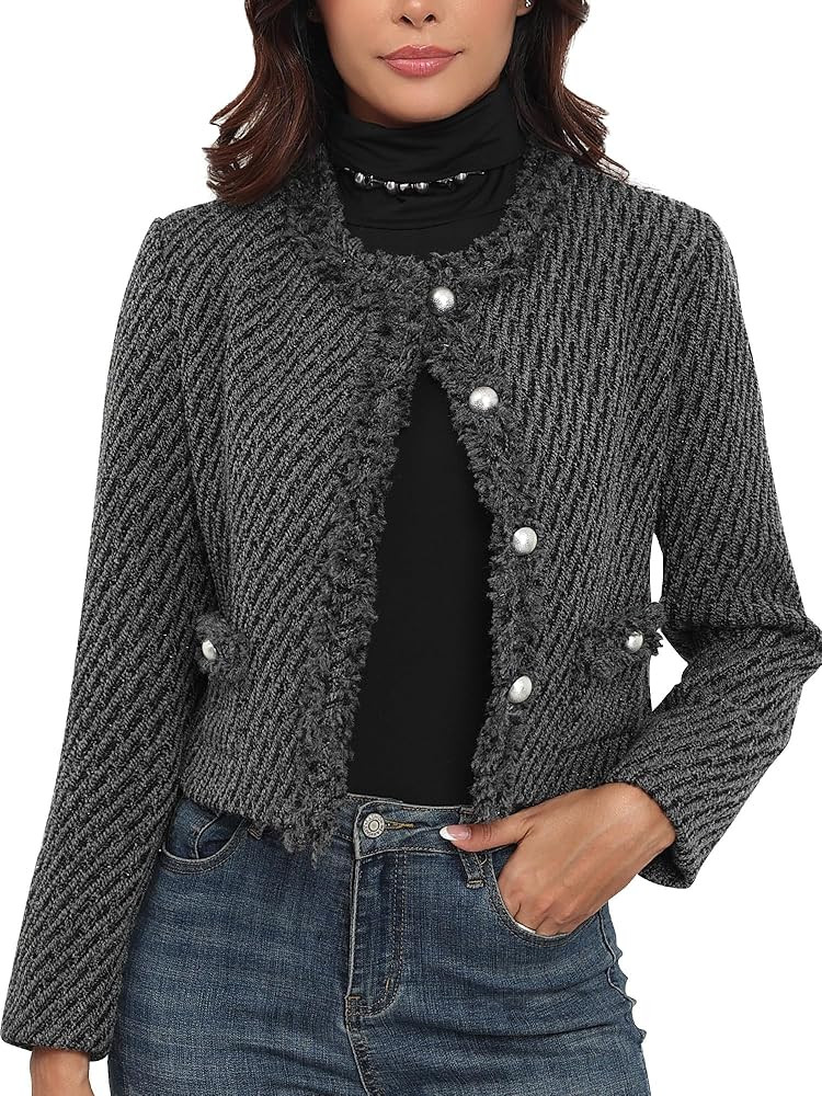 M.Infisavo Tweed Blazer Jackets for Womens with Pockets, Cropped Long Sleeve Open Front Collarles... | Amazon (US)