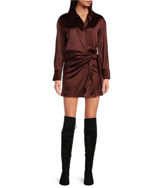 Avery Long Sleeve Satin Point Collar Neck Faux Wrap Dress | Dillard's