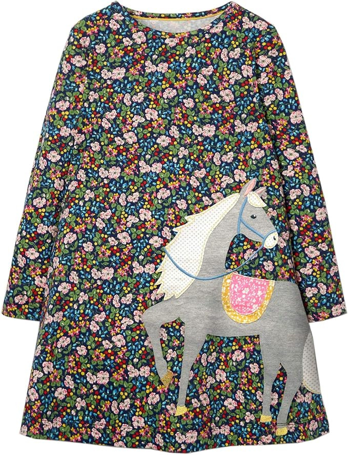 Youlebao Girls Cotton Long Sleeve Casual Cartoon Appliques Striped Jersey Dresses | Amazon (US)