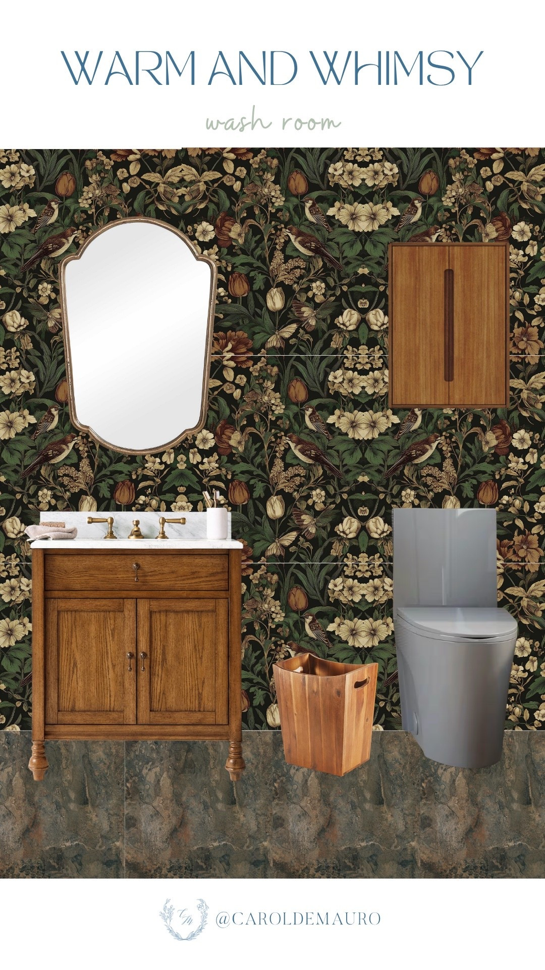 Dark florals, warm wood, and gold fixtures — this washroom feels like stepping into a secret garden and i am completely obsessed.

interior design, powder room, home inspo, floral wallpaper, vanity inspo, wood furniture

#LTKHome