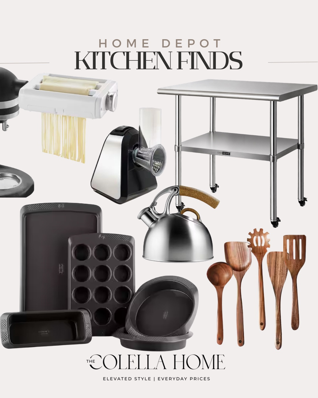 Home Depot kitchen finds include stainless steel utility table, pan set, wooden utensils, tea kettle, and cheese grater.

Kitchen refresh, kitchen must haves, looks for less, kitchen finds

#LTKHome #LTKSaleAlert #LTKSeasonal
