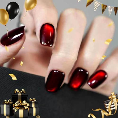HOSAILY Red Press on Nails Cat Eye, 32pcs Short Square Fake Nails with Magnetic Burgundy Shimmer Design, Dark Black Red Glue on Nails Handmade Gel Xmas Stick on Nails Press Ons for Women Christmas | Amazon (US)