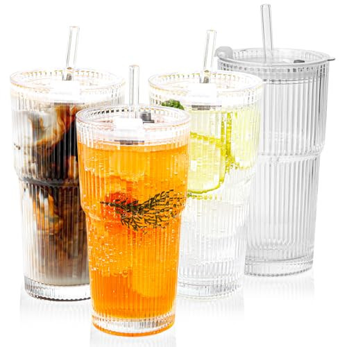 Sunidearly Ribbed Glass Tumbler Set of 4-20oz Coffee Tumbler with Lids and Straws - Leakproof Inverted for Iced Coffee, Smoothies & Cocktails - Glasses Drinking Set & Drinking Cups Durable Glassware | Amazon (US)