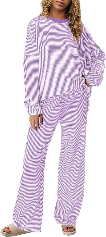 Panadila Womens 2 Piece Lounge Sets Striped Long Sleeve Pajama Set Oversized Tshirts Wide Leg Pan... | Amazon (US)