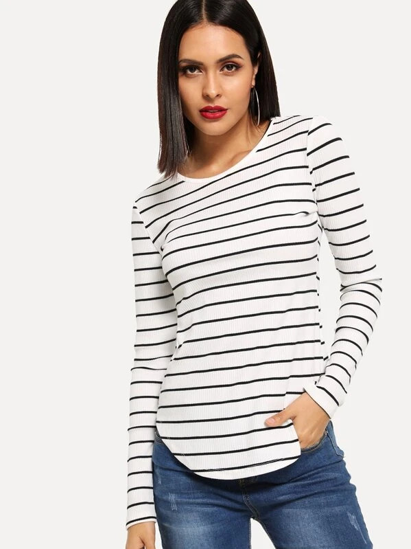SHEIN EZwear Rib Knit Curved Hem Striped T-shirt
   
      SKU: tee180910707
          (1000+ Rev... | SHEIN