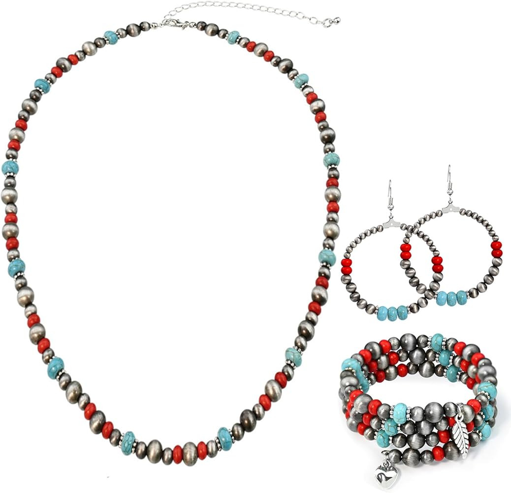 4 PCS Western Turquoise Jewelry for Women Boho Vintage Navajo Pearl Necklace Earring Bracelet Rin... | Amazon (US)