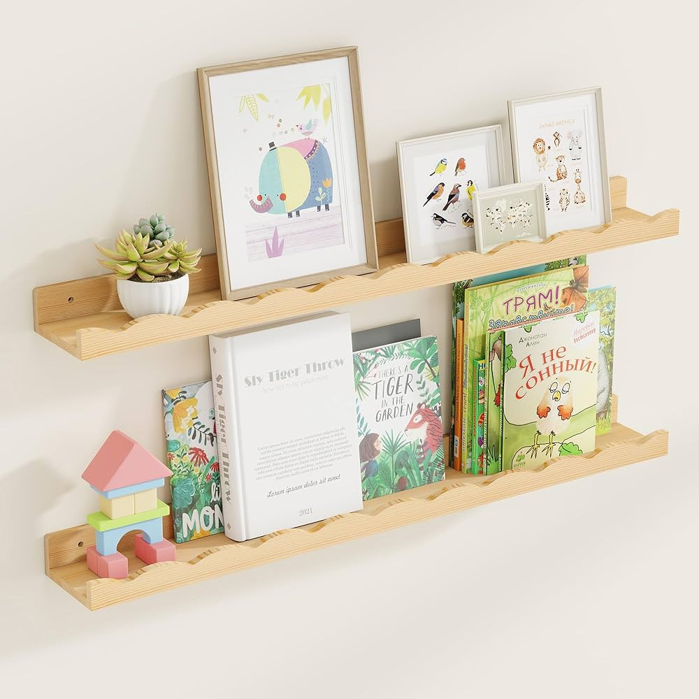 Fun Memories 36 inch Picture Ledge Shelf Wall Book Shelves Set of 2 Pine Wood Natural for Wall | Amazon (US)