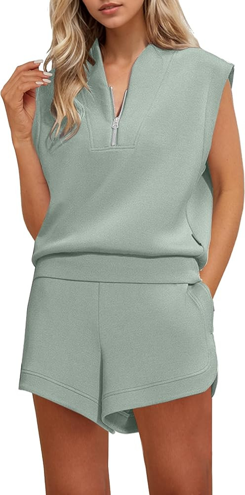 Women Two Piece Outfits Half Zip Sweatshirt Shorts Set Cap Sleeve Sweatshirt High Drawstring Wais... | Amazon (US)