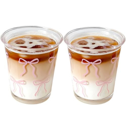 yaocoral Set of 2 12 OZ French Drinking Glasses Bow Glass Coffee Cup Cute Glass Cups for Iced Coffee,Tea,Juice,Latte,Milk,Dessert,Stackable Glassware Drinkware Set (pink bow) | Amazon (US)