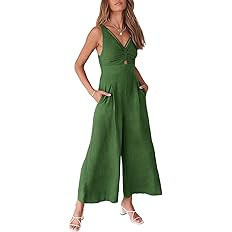 ANRABESS Women's Summer Wide Leg Linen Jumpsuits Dressy V Neck Sleeveless Casual Pants Rompers 20... | Amazon (US)