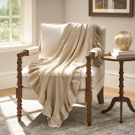 The Pioneer Woman Ruffle Knit Oversized Couch Throw Blanket, Beige, 50 x 72 in | Walmart (US)