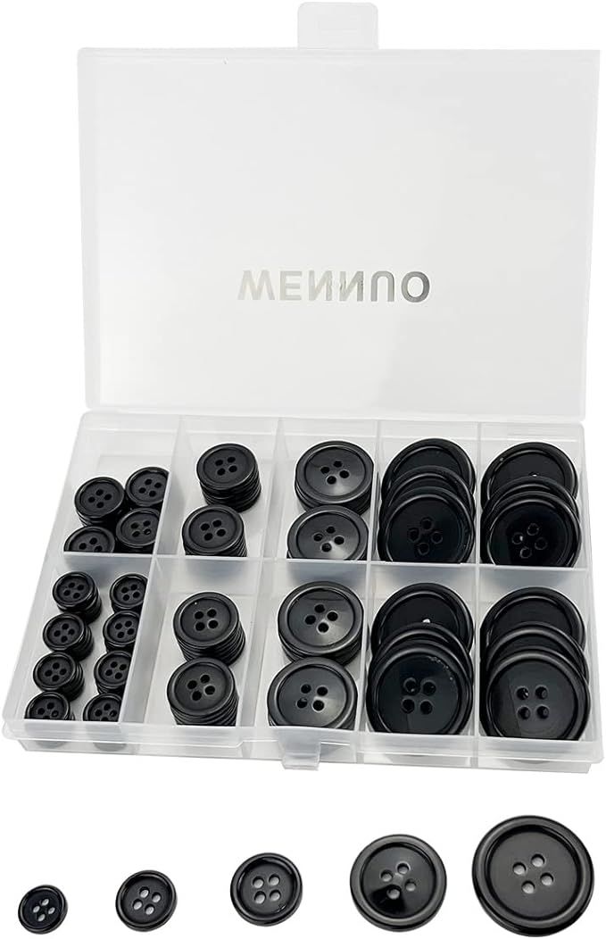 Wennuo 100Pcs Black Sewing Buttons,4-Hole Craft Buttons, 5 Sizes,with Compartment Storage Box, Su... | Amazon (US)