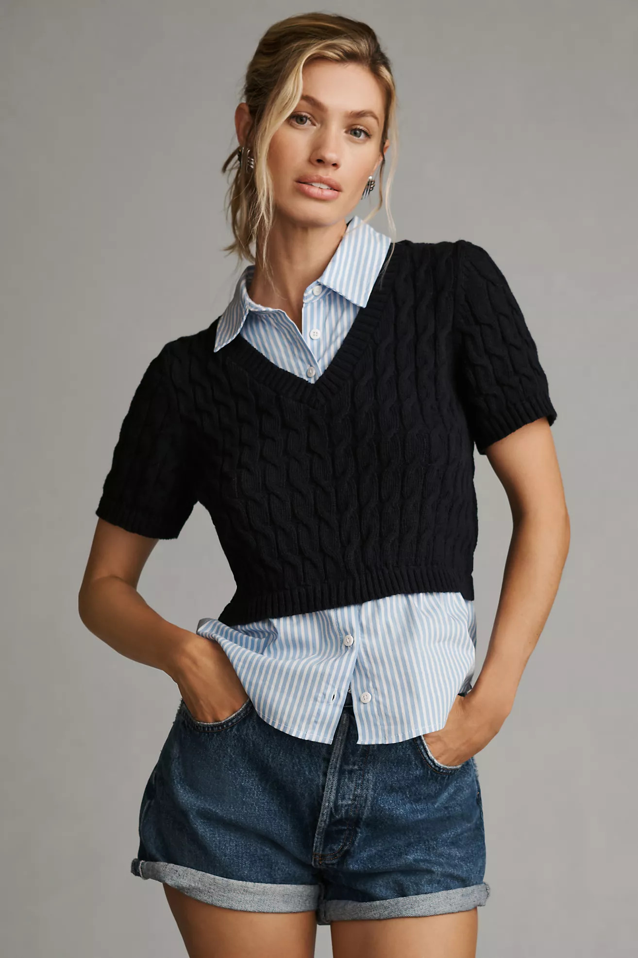 Maeve Cable Short-Sleeve Twofer Sweater | Anthropologie (US)