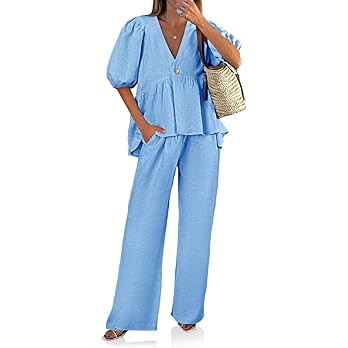 Tankaneo Womens 2 Piece Linen Sets Summer Vacation Outfits V Neck Puff Sleeve Babydoll Tops Wide ... | Amazon (US)