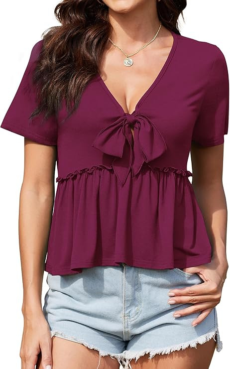 Womens Sexy V Neck Tops Summer Cute Ruffle Shirts Cutout Tie Bow Blouse Short Sleeve Crop Tops | Amazon (US)