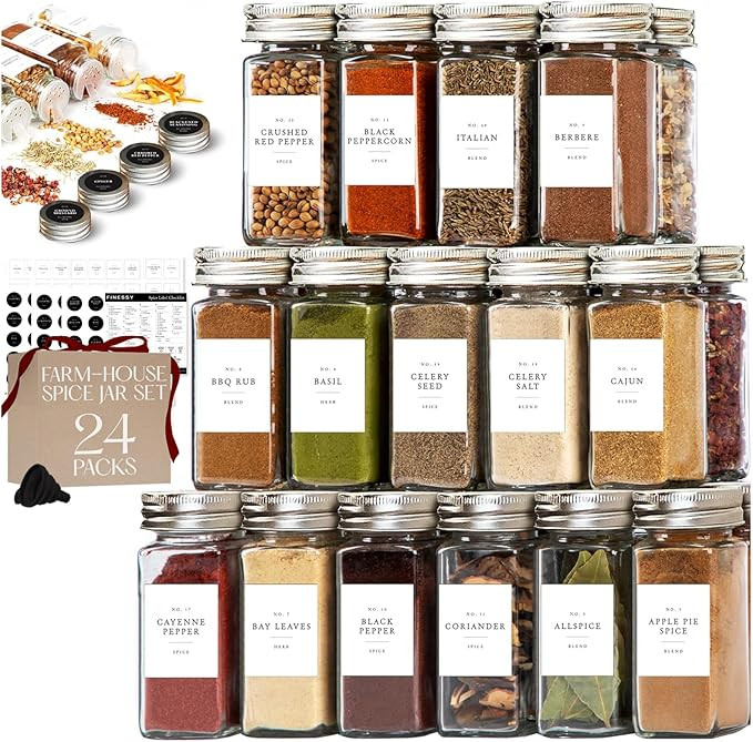 FINESSY Glass Spice Jars with Labels with Metal Lids and Shakers 24 Pack Set, 4oz Small Empty Air... | Amazon (US)