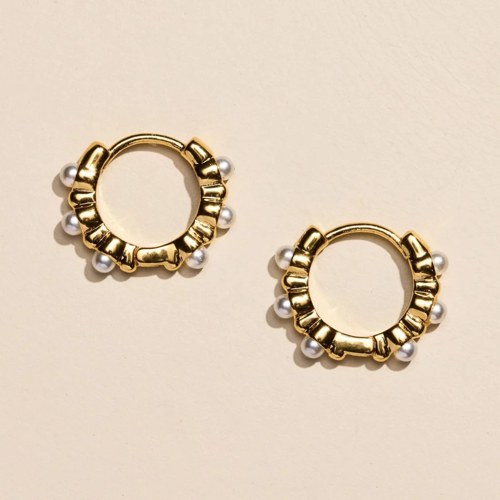 Gold Pearl Huggie Earrings | Nickel and Suede
