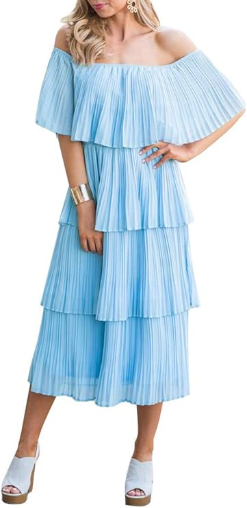 ETCYY NEW Women's Off The Shoulder Sleeveless Tiered Ruffle Pleated Casual Midi Dress | Amazon (US)