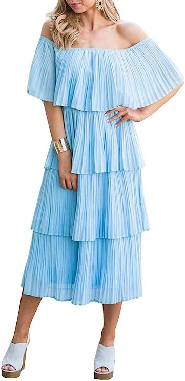 ETCYY NEW Women's Off The Shoulder Sleeveless Tiered Ruffle Pleated Casual Midi Dress | Amazon (US)