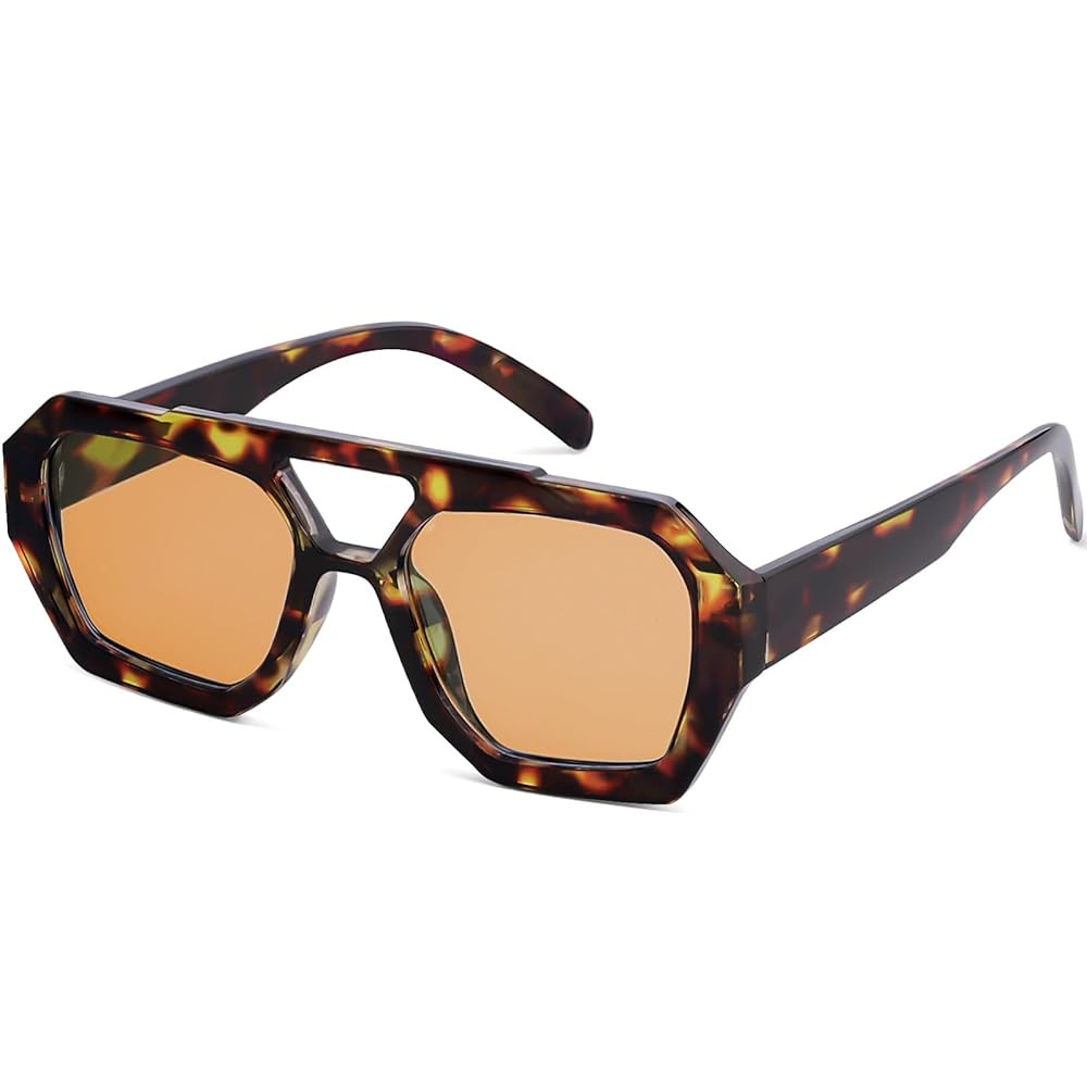 Trendy Designer Inspired Aviator Sunglasses for Women Men Hexagonal Square Thick Frame Double Bri... | Amazon (US)