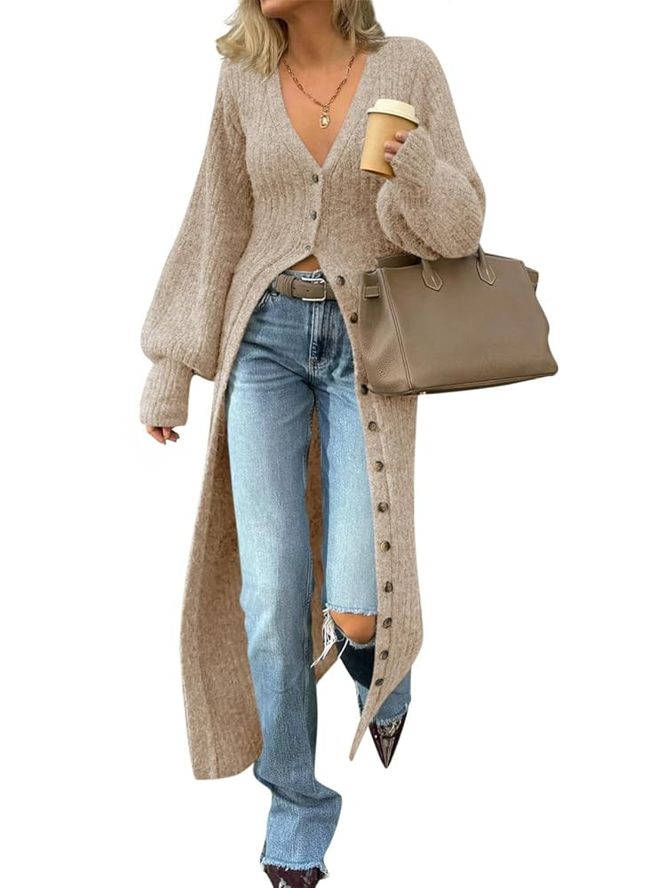 Saodimallsu Womens Long Cardigans V Neck Button Down Chunky Knit Dusters Sweater Coat Fall Trendy... | Amazon (US)