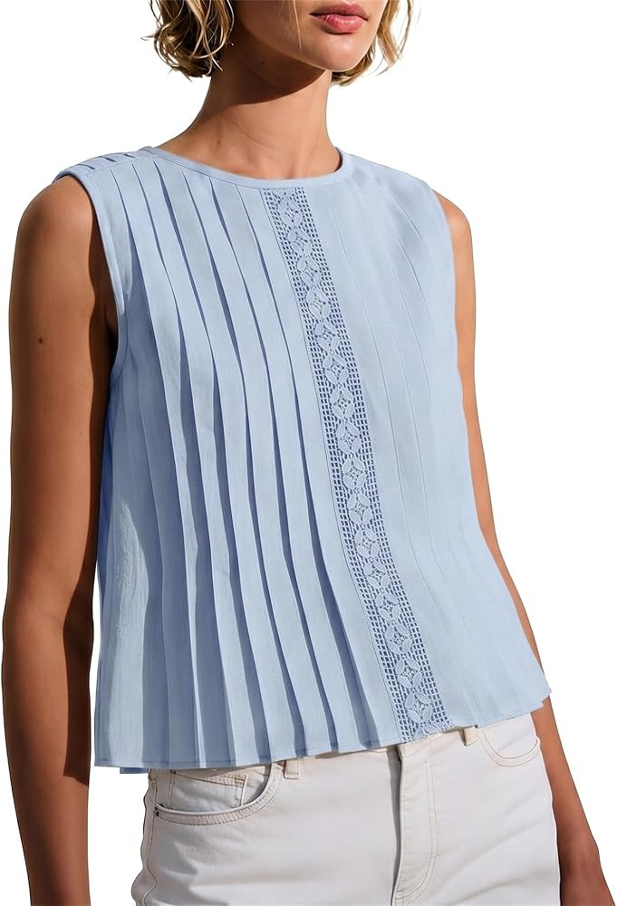 Womens Pleated Crop Tank Tops Summer Sleeveless Crew Neck Blouse Loose Fit Trendy Y2K Guipure Bab... | Amazon (US)